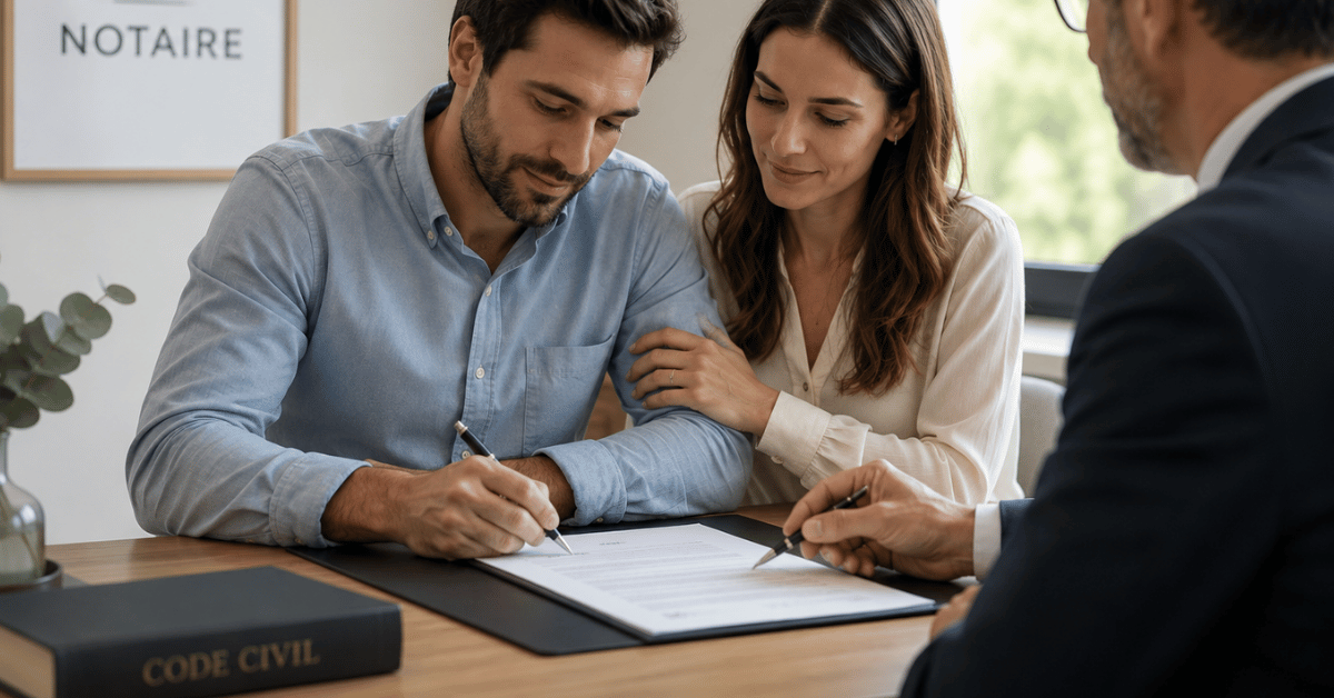Couple signant un contrat immobilier chez un notaire